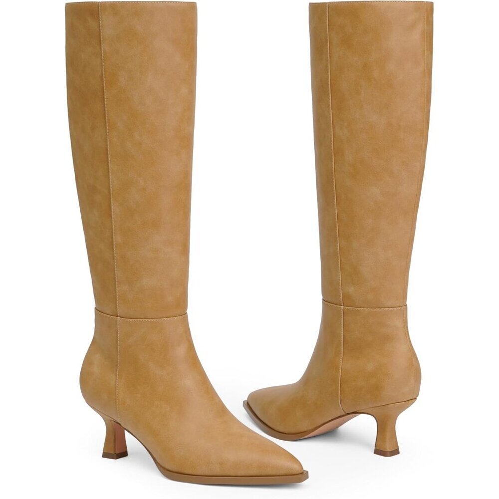 Women's Banana Pu Kitten Low Heel Toe Side Zipper Long Tall Knee High Boots - Picture 4 of 7